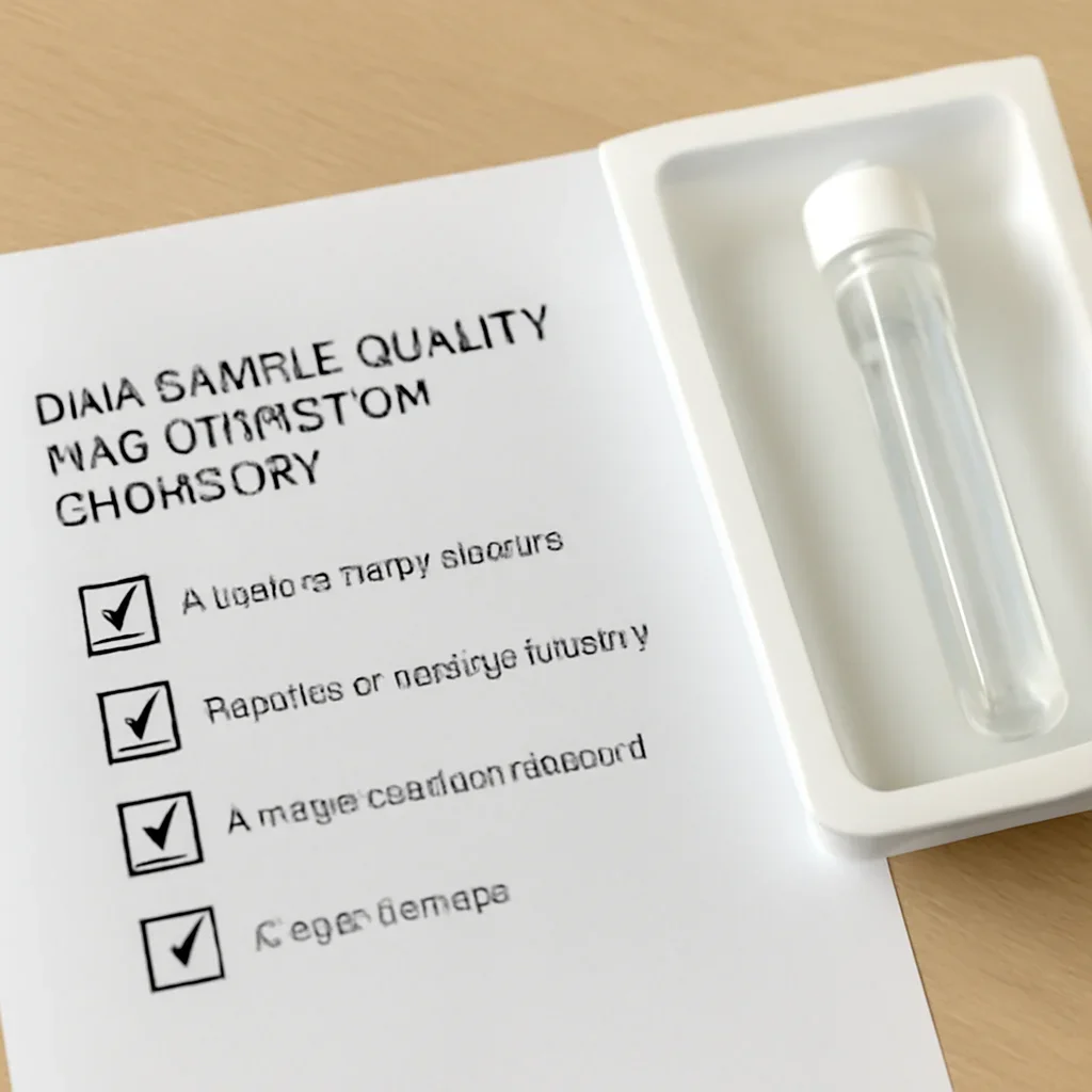 DNA sample quality and test accuracy checklist beside a genetic testing kit