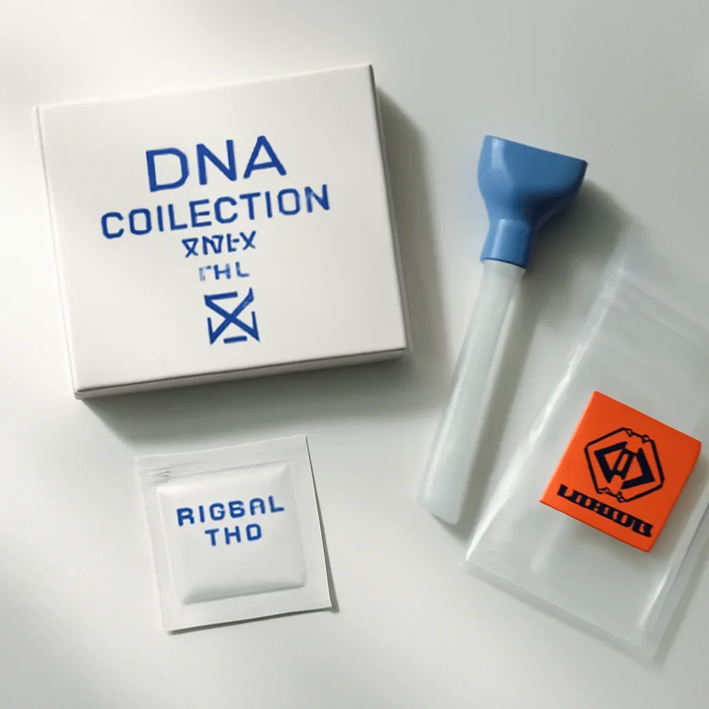 At-home DNA sample collection kit arranged on a clean surface