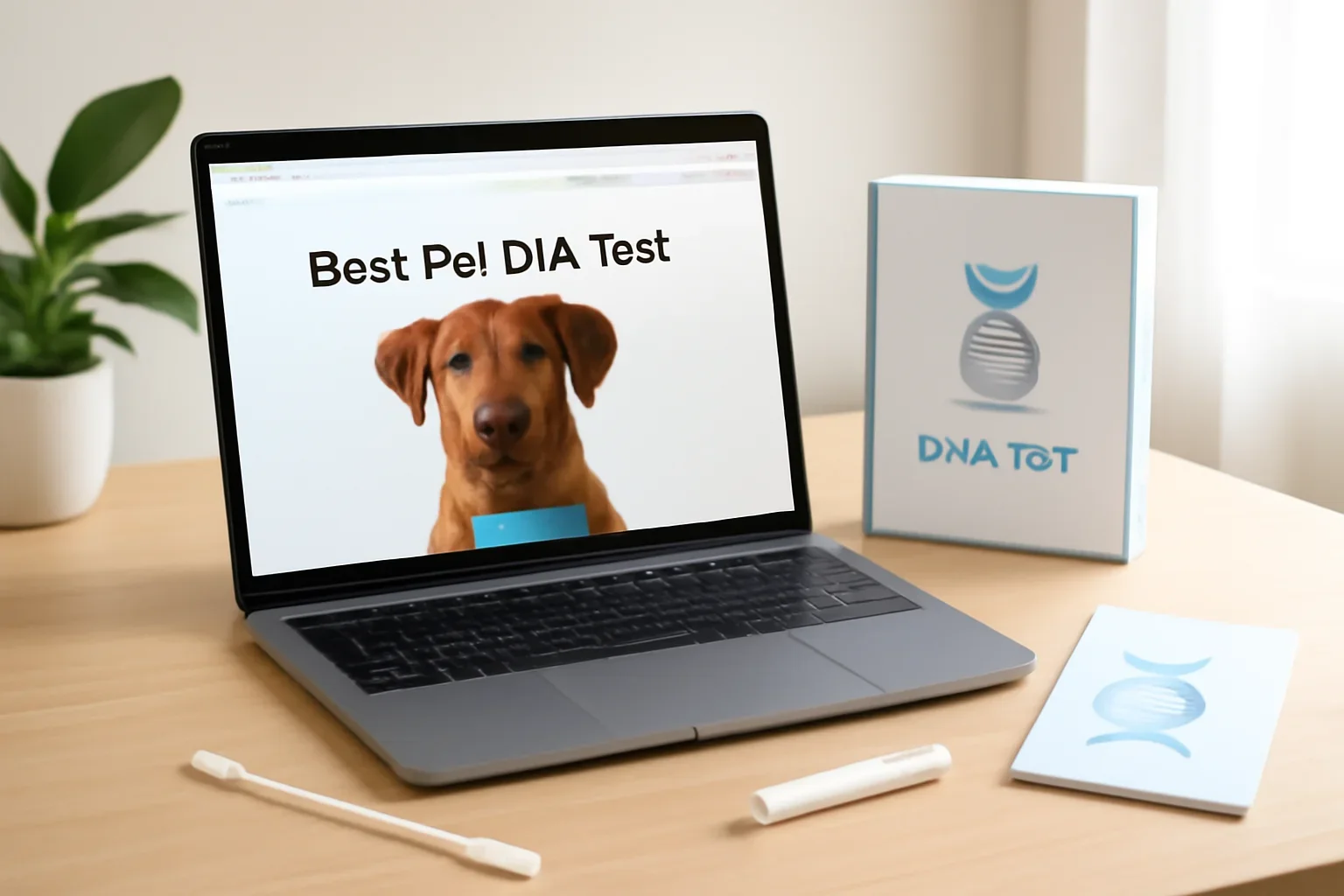 Pet owner comparing dog and cat DNA testing options on a laptop beside a home sample kit