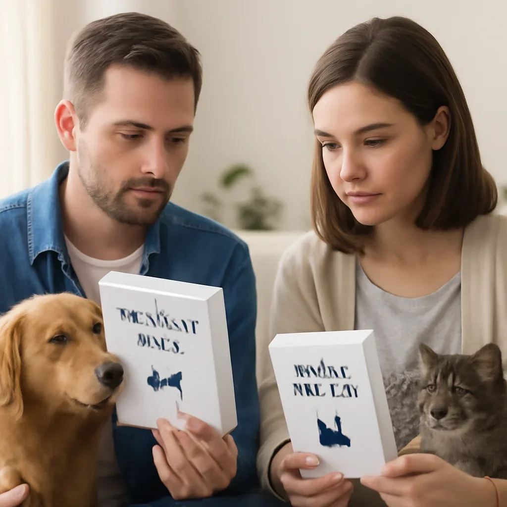 Dog and cat owners reviewing species-specific pet DNA testing choices
