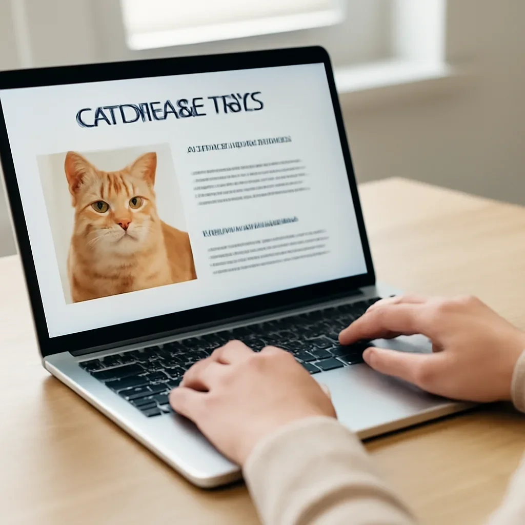 Reader exploring cat disease tests explained. on a laptop