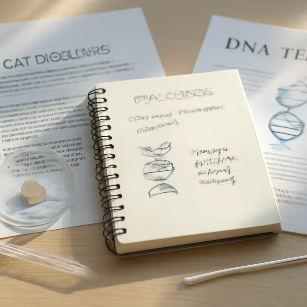 Research notes and DNA testing materials related to cat disease tests explained.