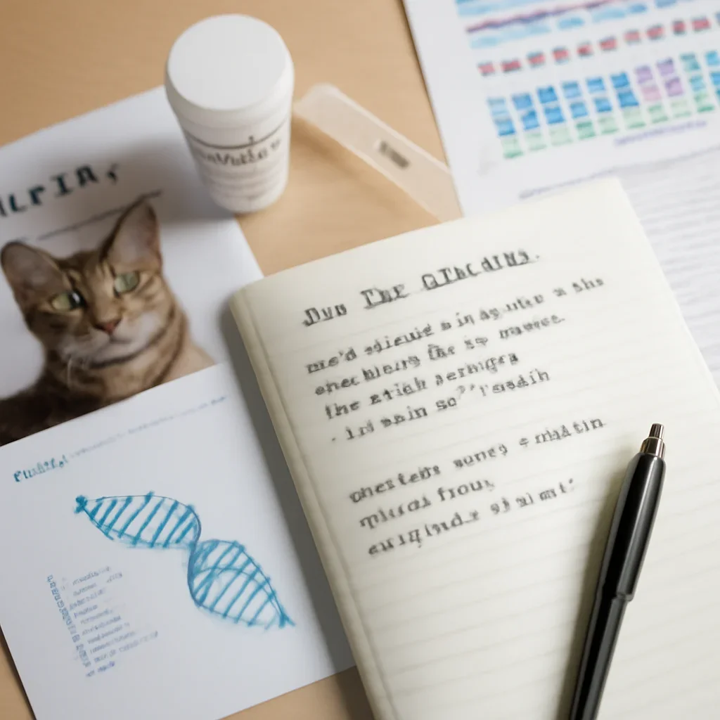 Research notes and DNA testing materials related to cat dna health screening for breeders.