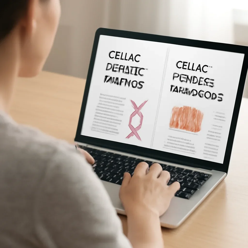 Reader exploring celiac genetic testing vs celiac disease diagnosis. on a laptop