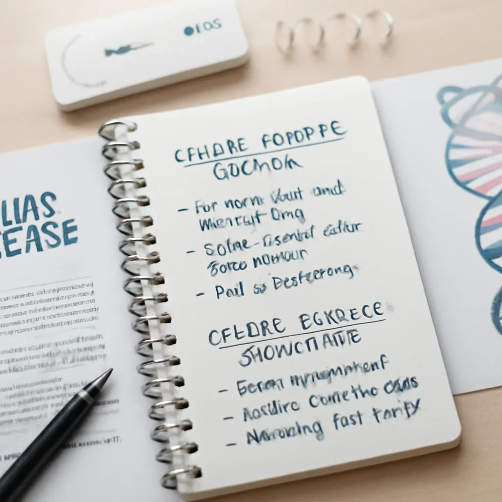 Research notes and DNA testing materials related to celiac genetic testing vs celiac disease diagnosis.