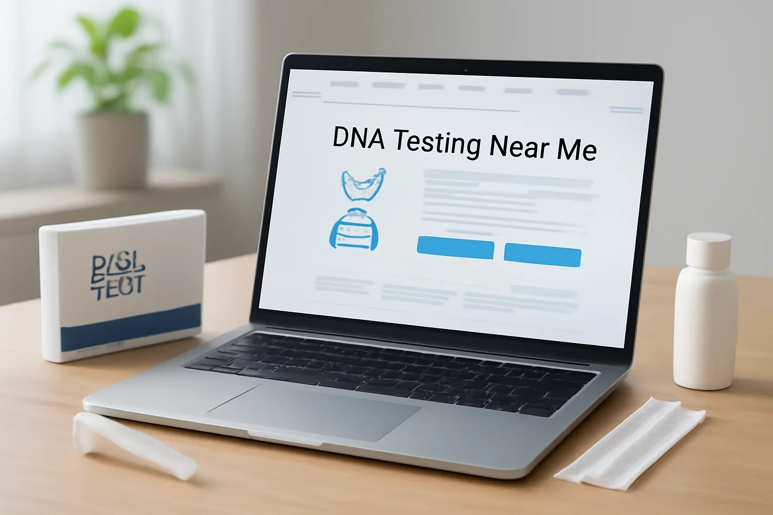 DNA Testing Near Me guidance page shown on a laptop with DNA testing materials