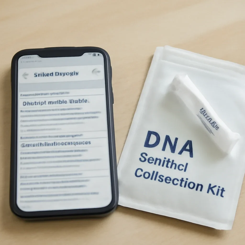 Local DNA testing search on a phone next to a sample collection kit