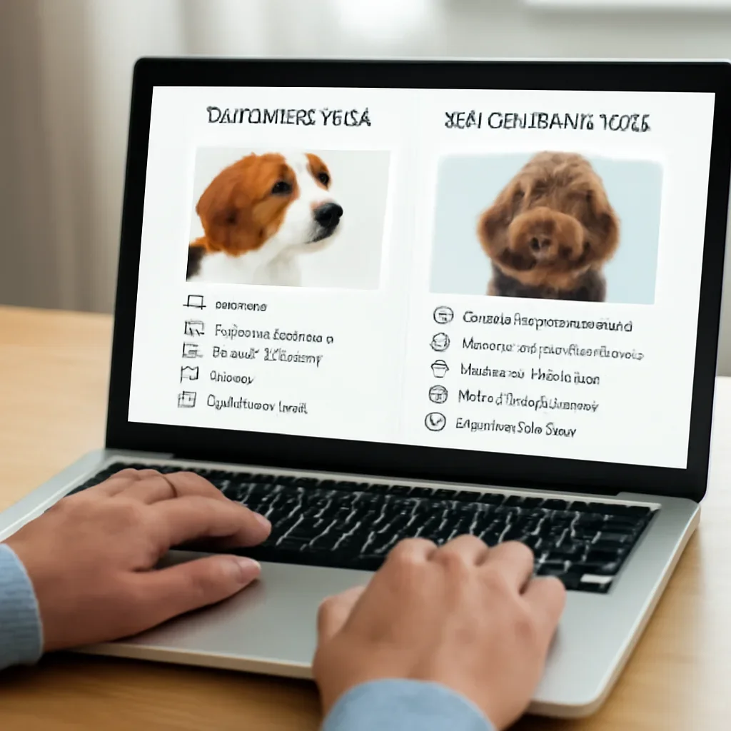 Reader exploring dog breed test vs dog disease test. on a laptop