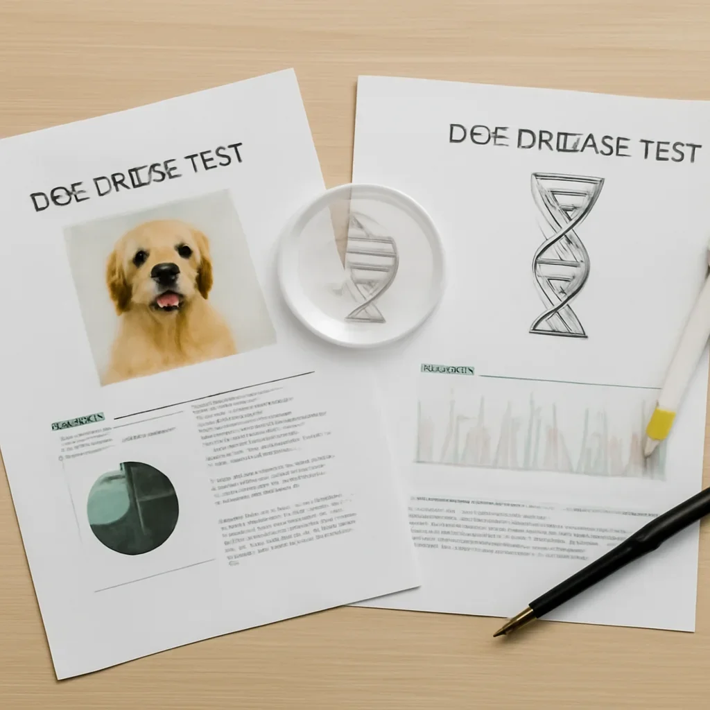 Research notes and DNA testing materials related to dog breed test vs dog disease test.