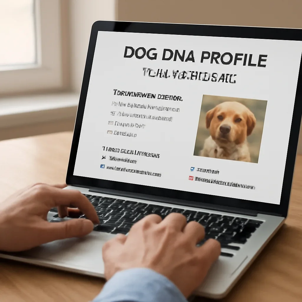 Dog DNA profile report summary being reviewed on a laptop