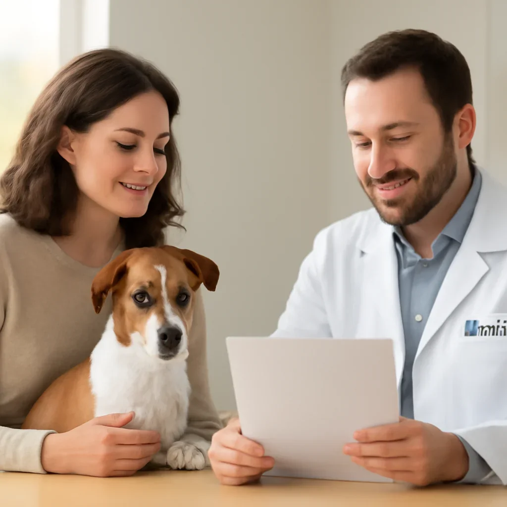 Customer receiving guidance about a dog DNA profile from a testing specialist
