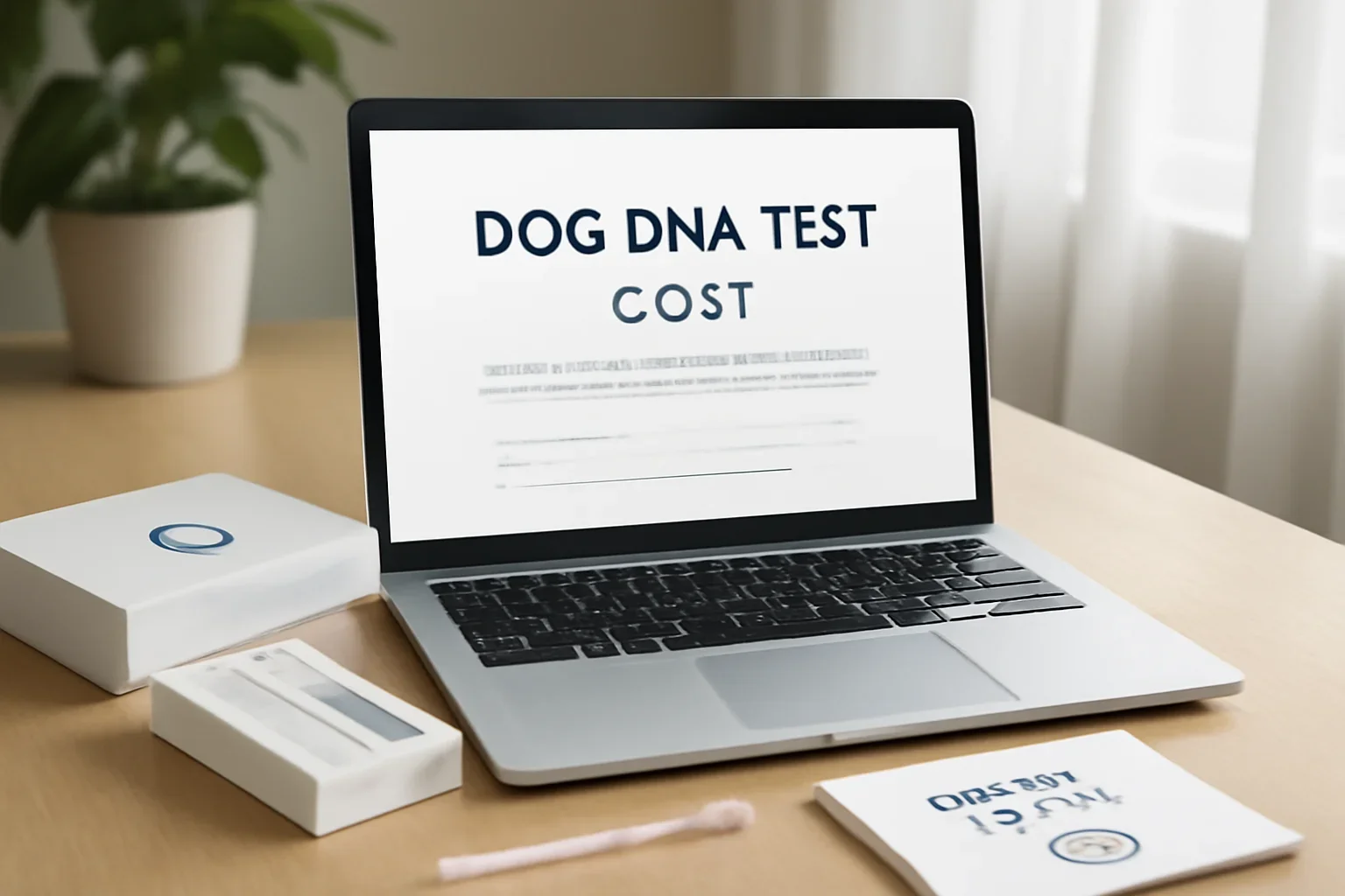 Dog DNA Test Cost guidance page shown on a laptop with DNA testing materials