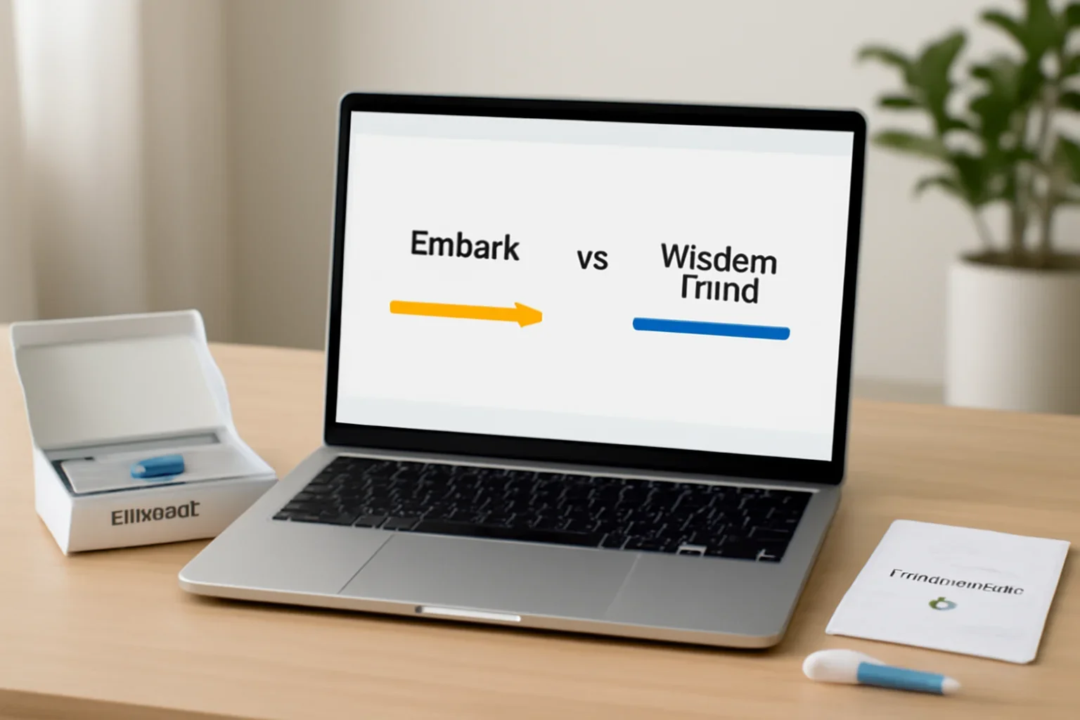 Embark vs Wisdom Panel guidance page shown on a laptop with dog DNA testing materials