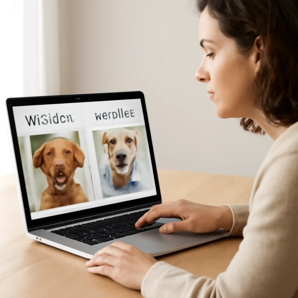 Dog owner comparing Embark and Wisdom Panel dog DNA test options on a laptop