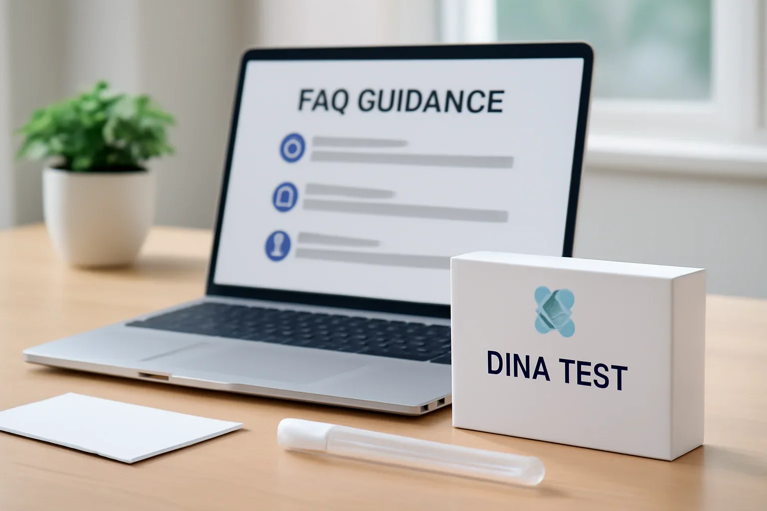 FAQ guidance page shown on a laptop with DNA testing materials