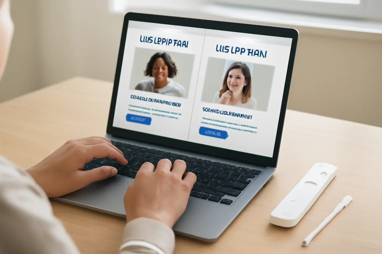 Person comparing health-focused genetic testing options on a laptop with an at-home DNA collection kit