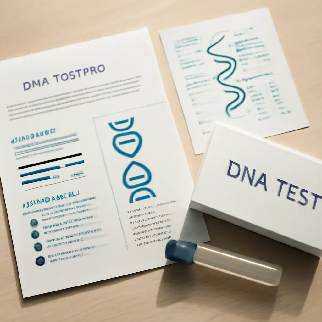 Health-focused genetic testing reports and DNA sample collection kit displayed together