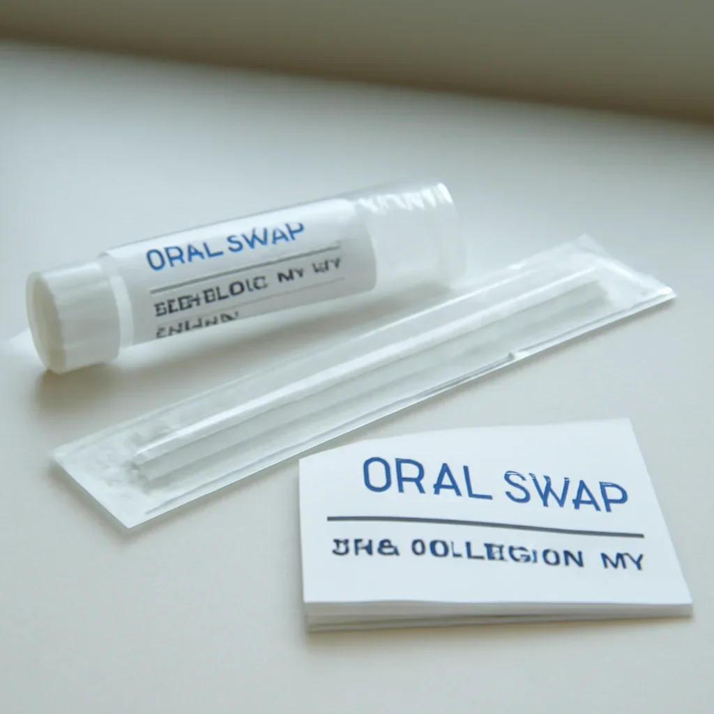 Oral swab DNA testing kit prepared for at-home health-focused genetic screening