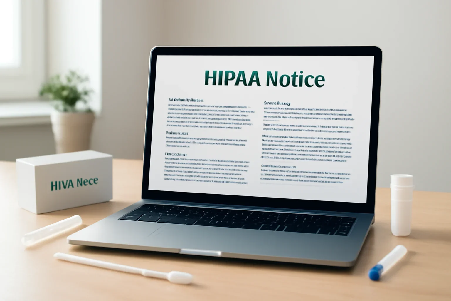 HIPAA notice guidance page shown on a laptop with DNA testing materials