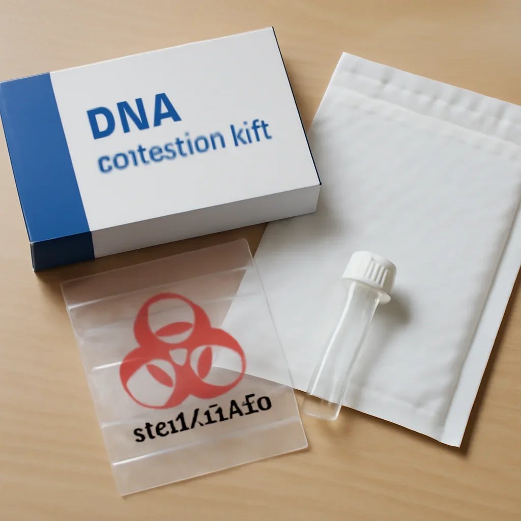 At-home DNA sample kit prepared for mailing with clear collection materials