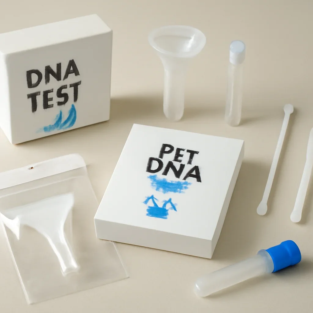 Collection of DNA test kits and pet sample tools arranged for e-commerce browsing