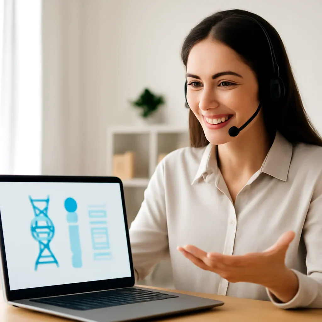 Customer support specialist explaining DNA testing next steps during an online consultation