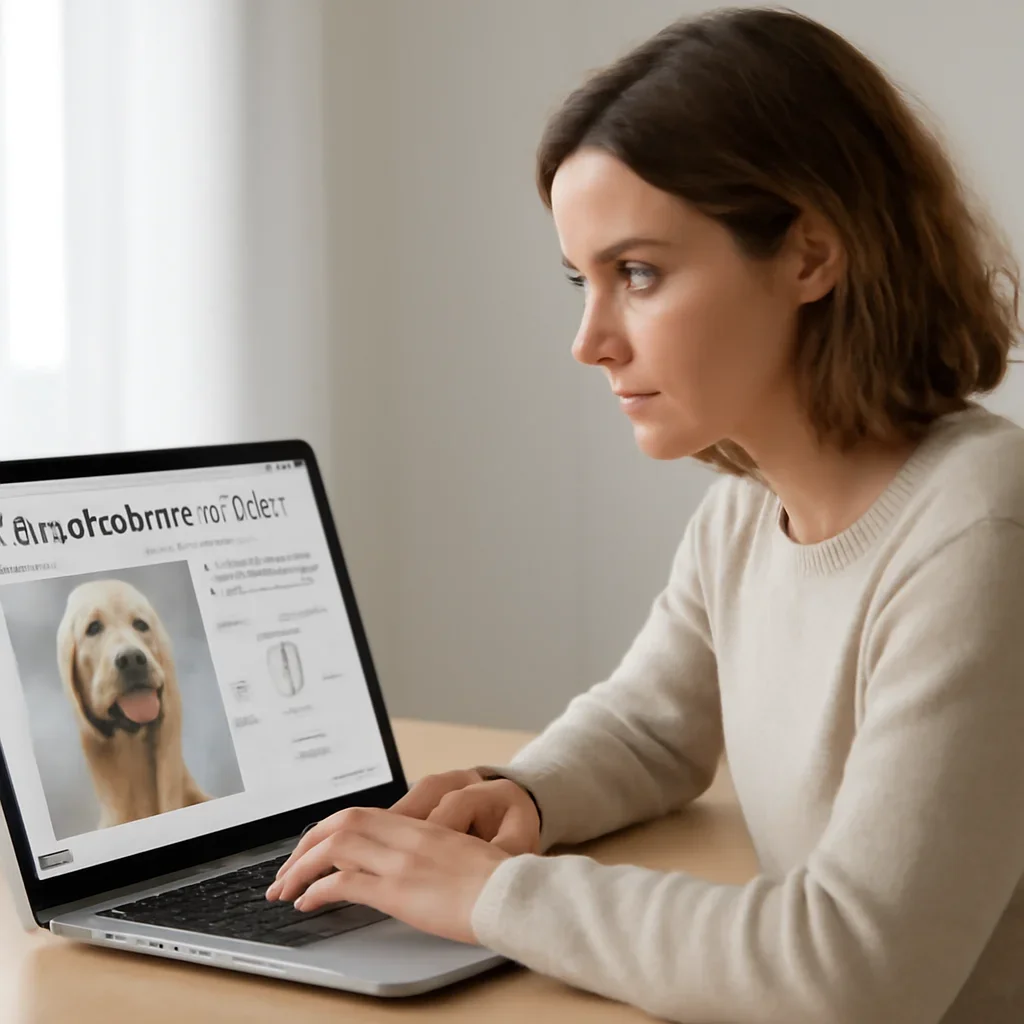 Reader exploring how dog breed tests work. on a laptop