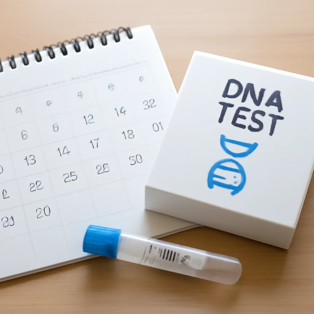 Calendar and DNA sample kit illustrating results turnaround timing