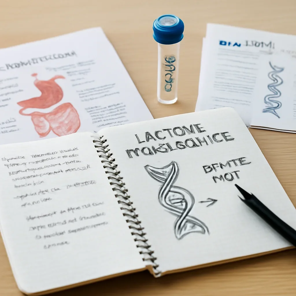 Research notes and DNA testing materials related to how a lactose intolerance genetic test works.