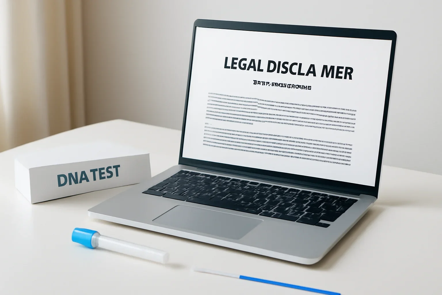 Legal Disclaimer guidance page shown on a laptop with DNA testing materials