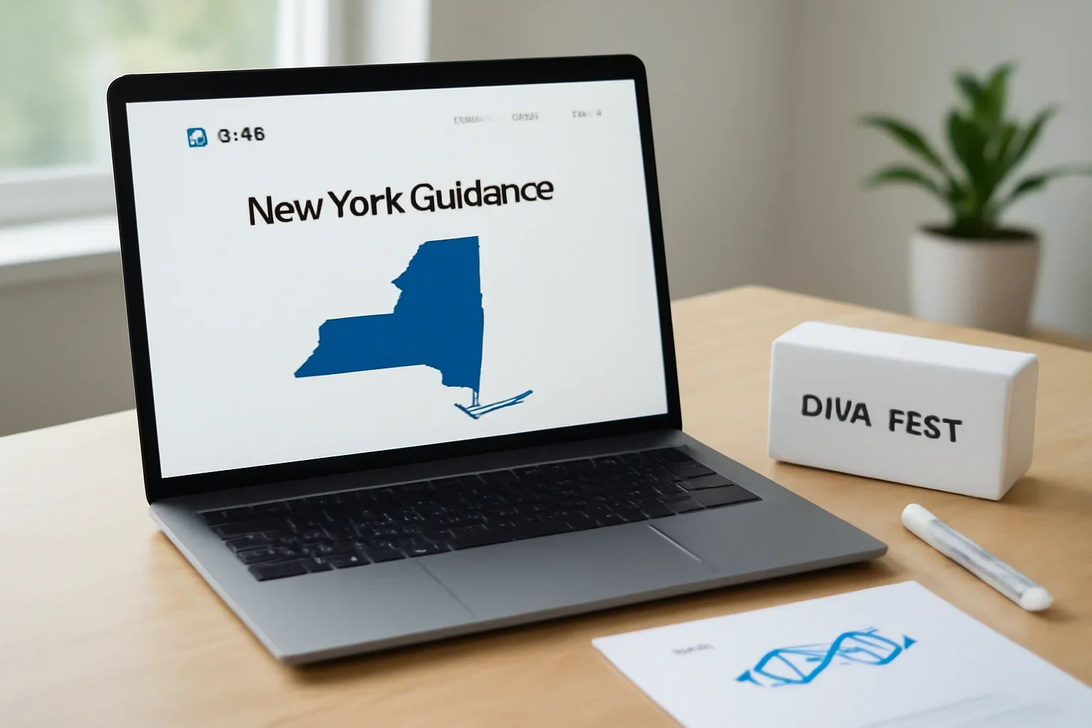 New York guidance page shown on a laptop with DNA testing materials