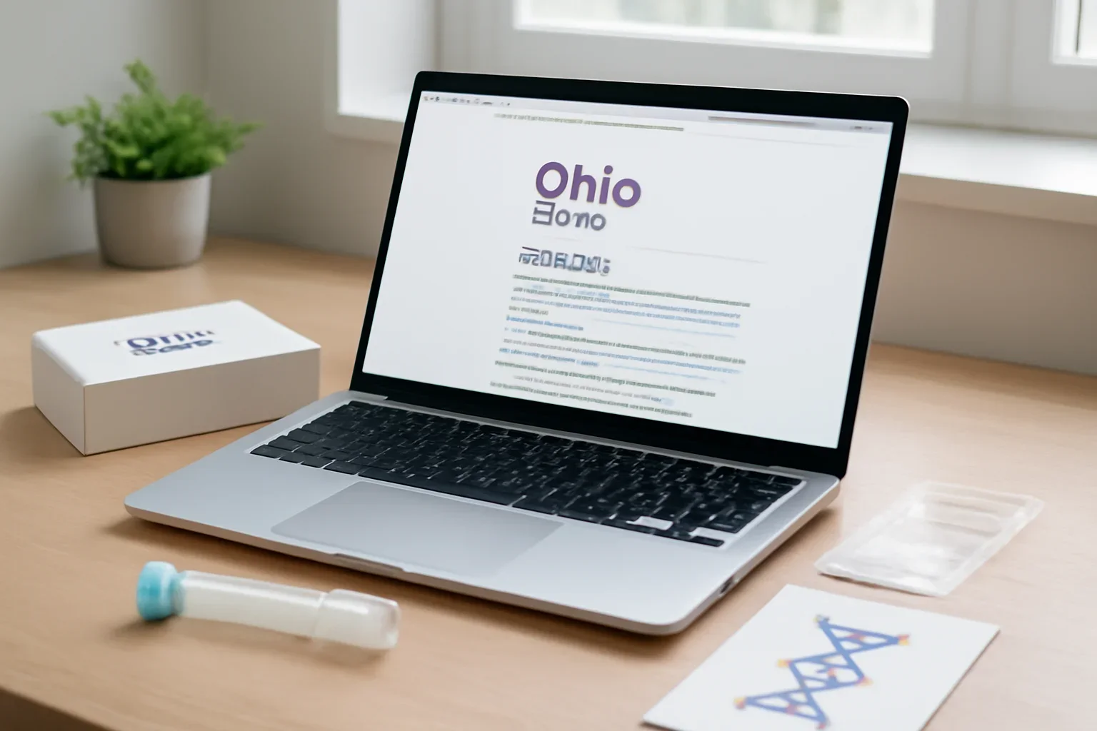 Ohio guidance page shown on a laptop with DNA testing materials