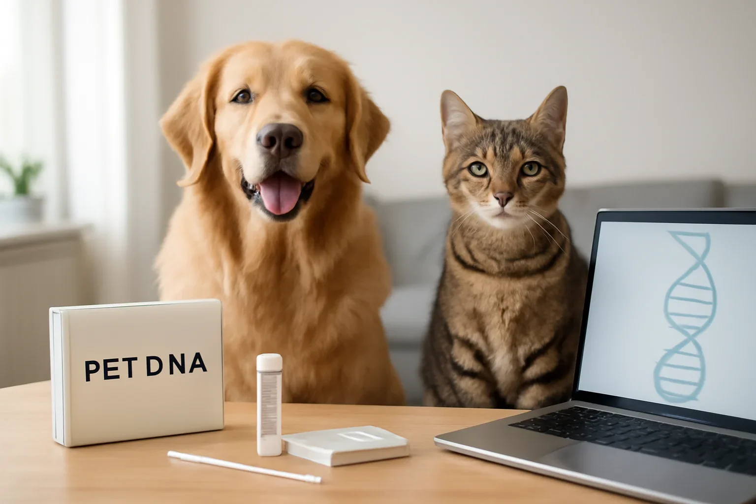 Dog and cat beside pet DNA collection materials and a laptop