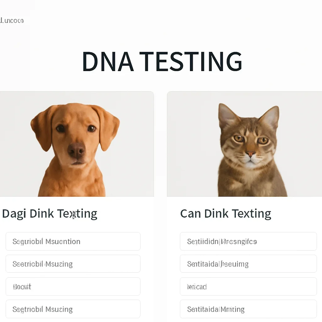 Dog and cat DNA testing categories displayed in an organized website layout