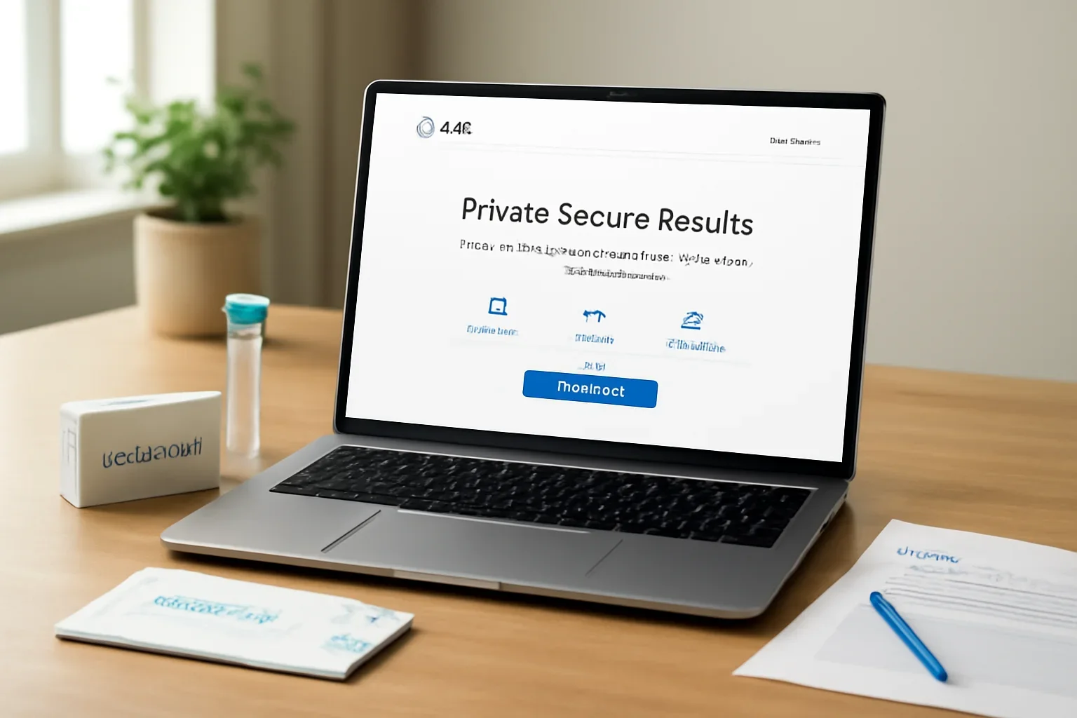 Private Secure Results guidance page shown on a laptop with DNA testing materials