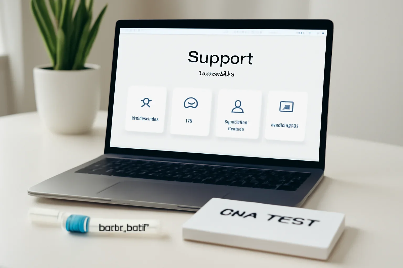 Support guidance page shown on a laptop with DNA testing materials