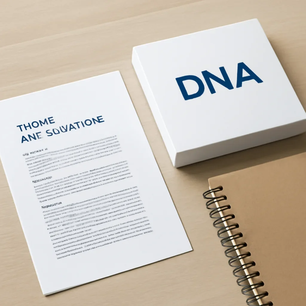 Terms and conditions page displayed next to a DNA kit and notebook