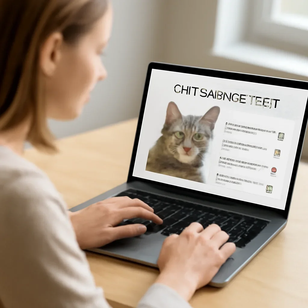 Reader exploring understanding cat disease test results. on a laptop