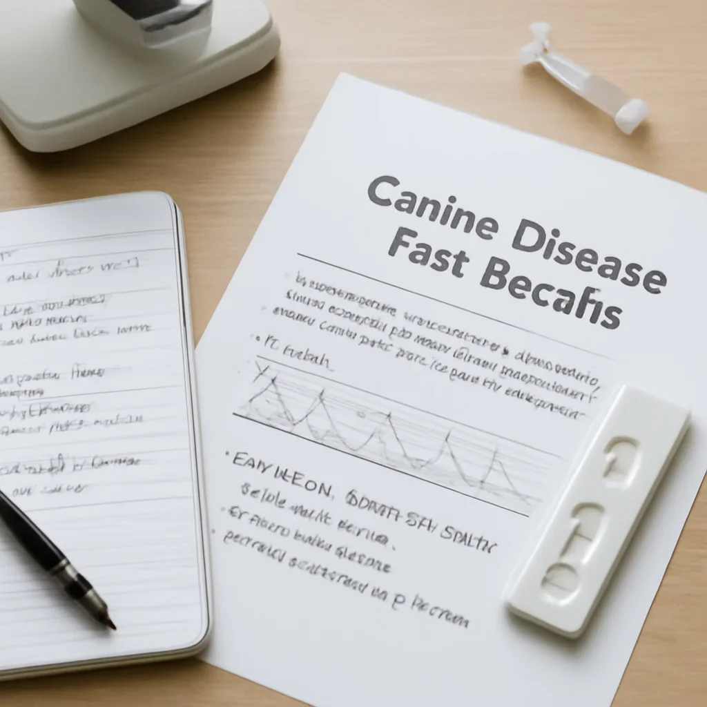 Research notes and DNA testing materials related to understanding dog disease test results.