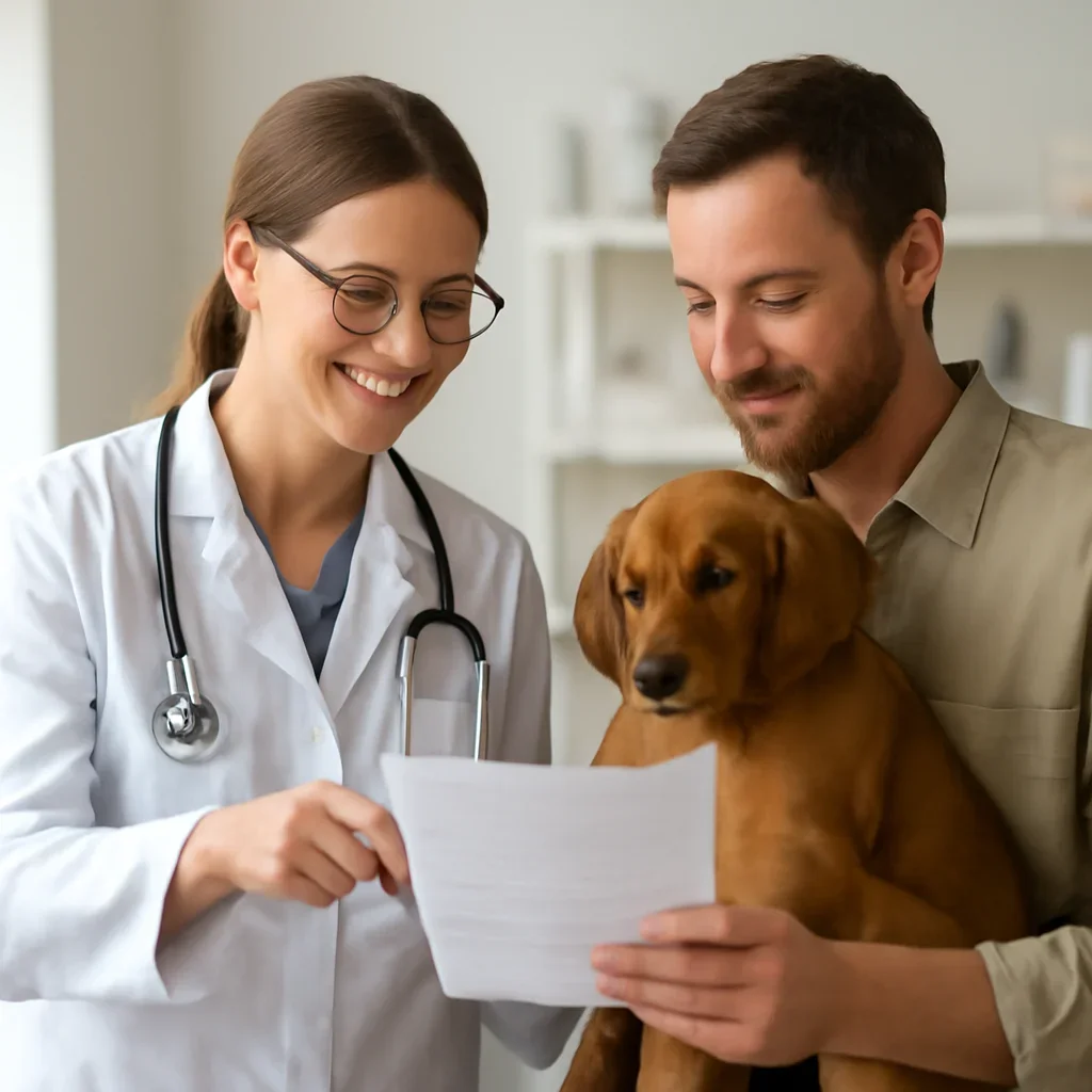 Veterinary professional and breeder reviewing pet DNA records and testing options