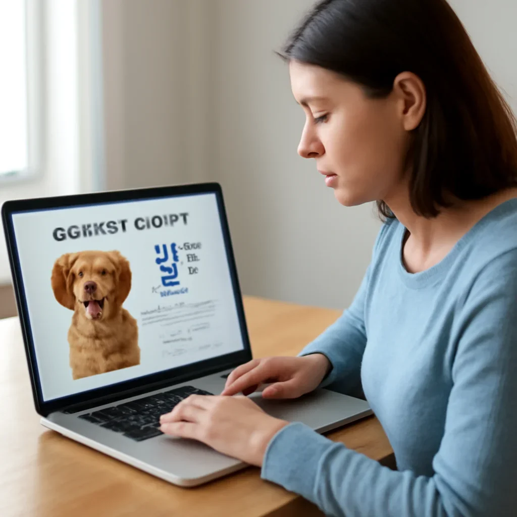 Reader exploring what a dog dna profile is used for. on a laptop