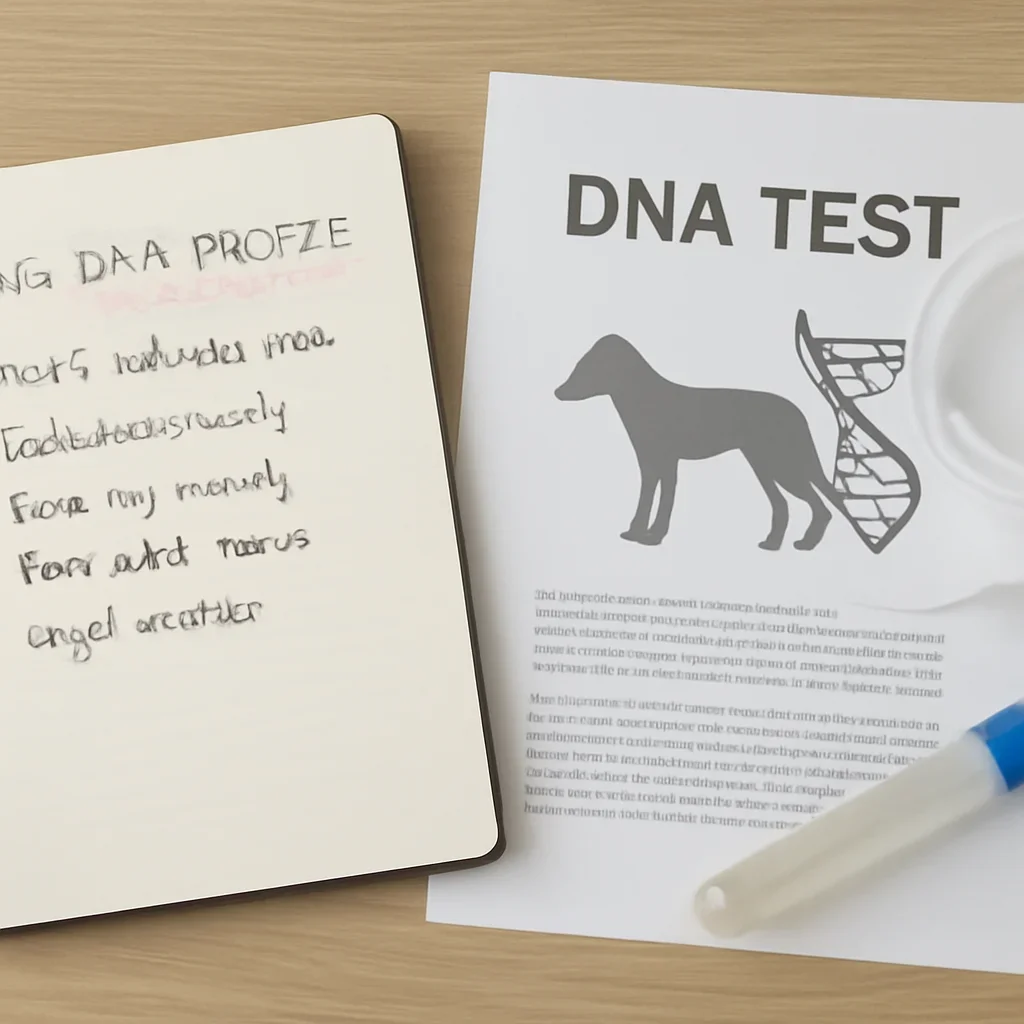 Research notes and DNA testing materials related to what a dog dna profile is used for.